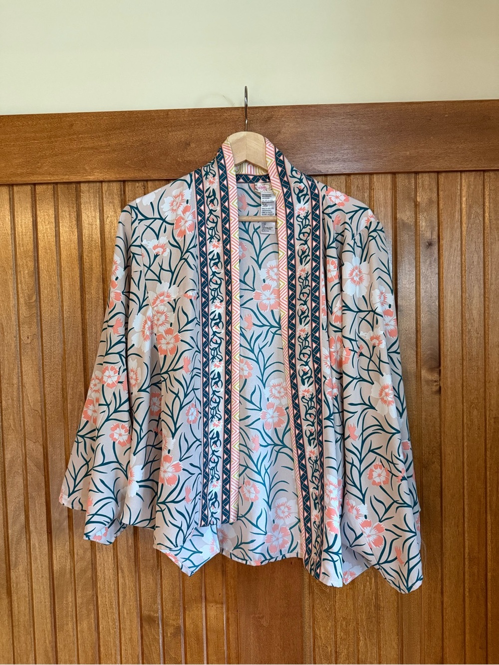 Free People Peach Floral Open-Front Kimono with Teal Trim